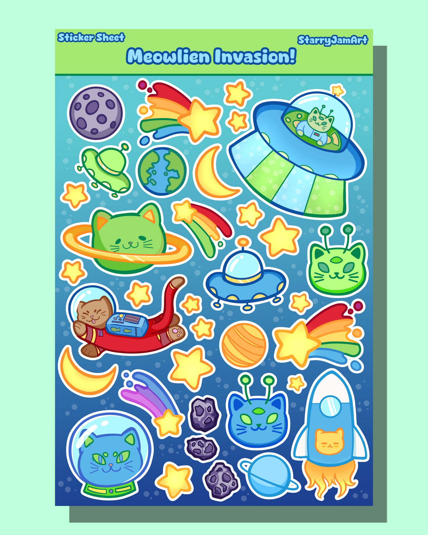 Meowlien Sticker Sheet | Alien Cats Sticker Sheet