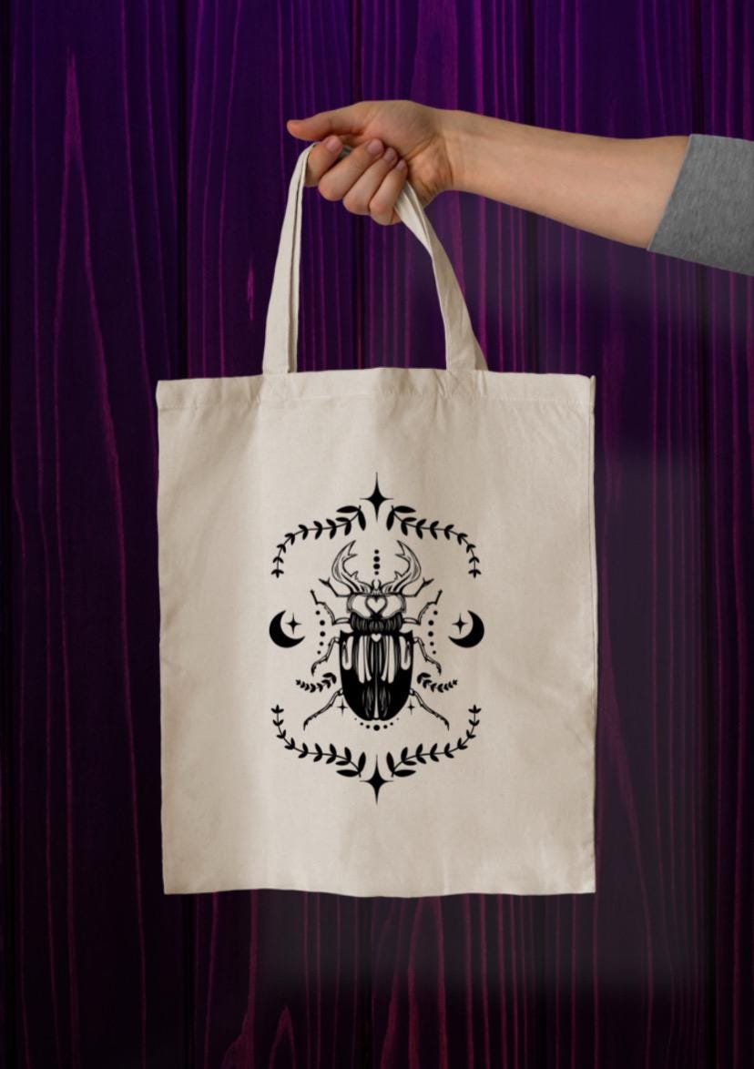 Moon Witchy Stag Beetle Design Tote Bag