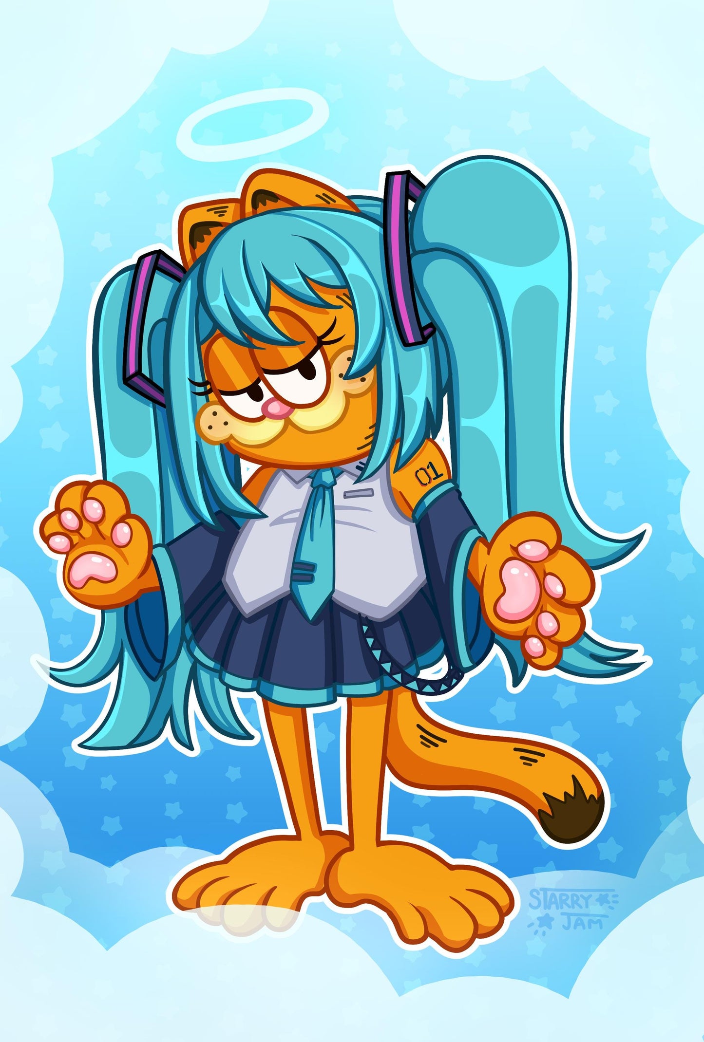 Hatsune Miku Fat Orange Cat Parody Fanart | 5 x 7 Print | Holographic Cartoon Illustration