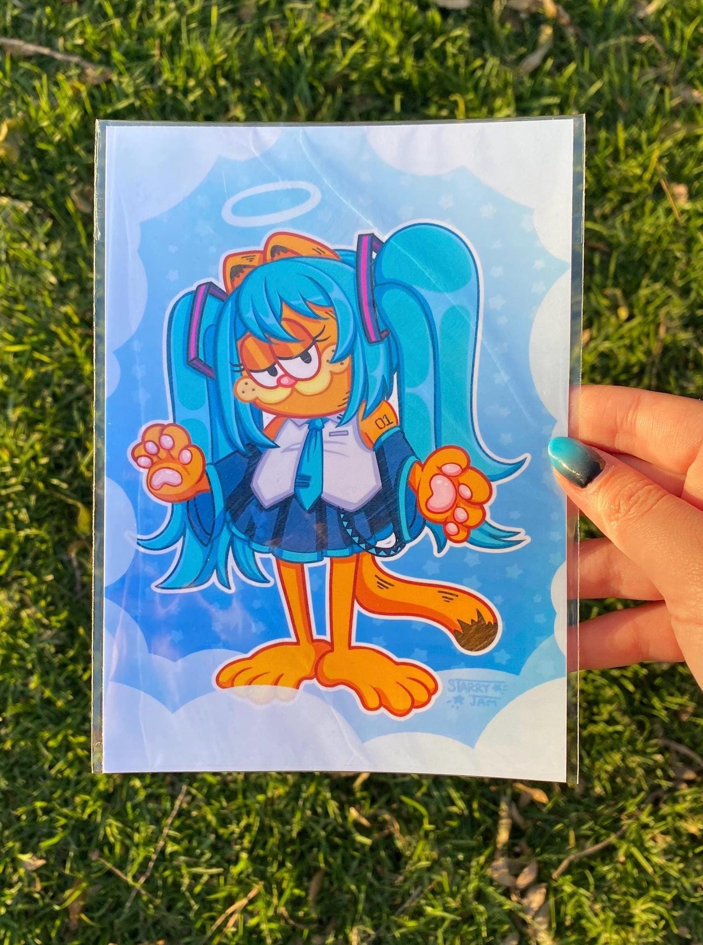 Hatsune Miku Fat Orange Cat Parody Fanart | 5 x 7 Print | Holographic Cartoon Illustration