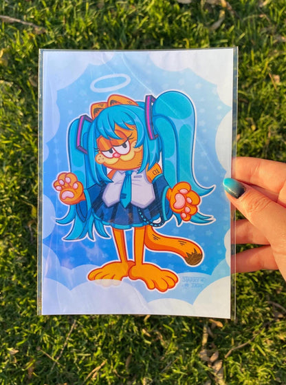 Hatsune Miku Fat Orange Cat Parody Fanart | 5 x 7 Print | Holographic Cartoon Illustration