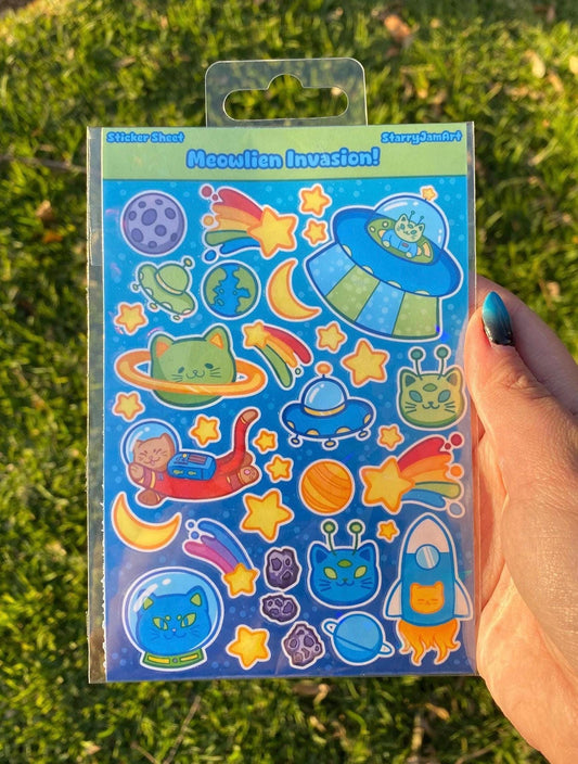 Meowlien Sticker Sheet | 4x6 Alien Cat Deco Stickers